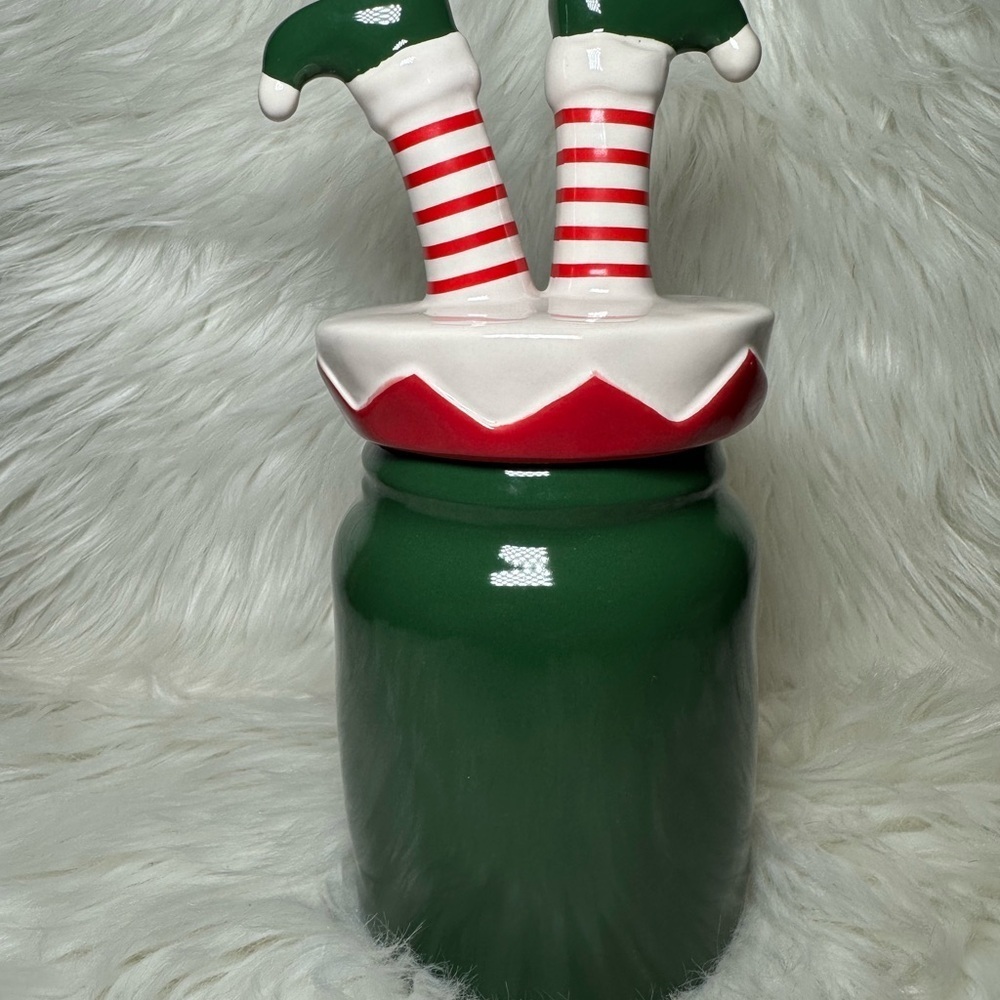 Rae Dunn Santa's Elf Canister with Elf Legs Topper Green and Red - Picture 2 of 4